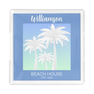  Tropical Palm Tree Blue Green Beach Home Monogram Acrylic Tray