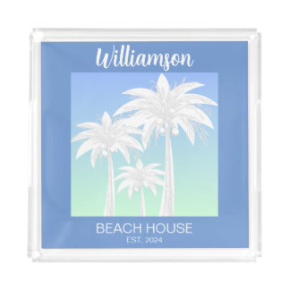  Tropical Palm Tree Blue Green Beach Home Monogram Acrylic Tray