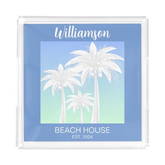  Tropical Palm Tree Blue Green Beach Home Monogram Acrylic Tray (Front)