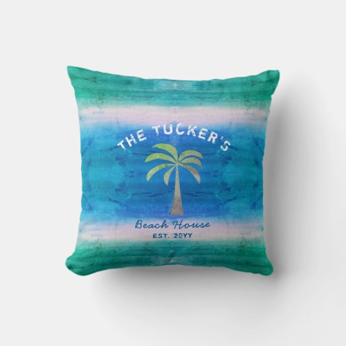 Tropical Palm Tree Blue Green Family Beach House Throw Pillow