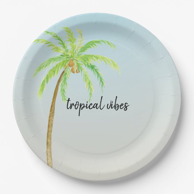 Tropical Palm Tree Blue Ombre Paper Plates (Front)