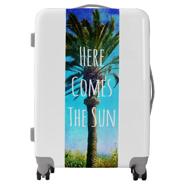 Tropical Palm Tree Blue Sky Here Comes The Sun Luggage (Front)