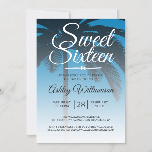 Tropical Palm Tree Blue Sweet 16 16th Birthday Invitation