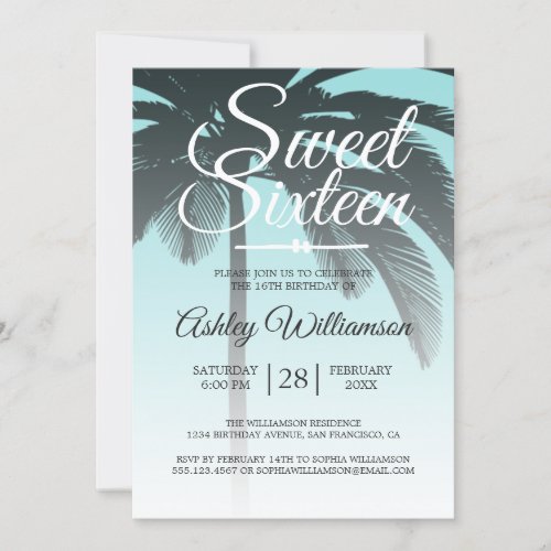 Tropical Palm Tree Blue Sweet 16 16th Birthday Invitation