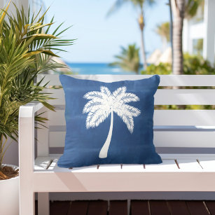Tropical Palm Tree Blue White Outdoor Pillow
