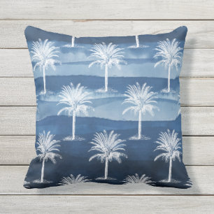 Tropical Palm Tree Blue White Pattern Outdoor Pillow