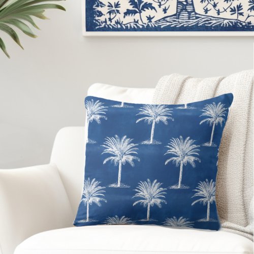 Tropical Palm Tree Blue White Pattern Throw Pillow