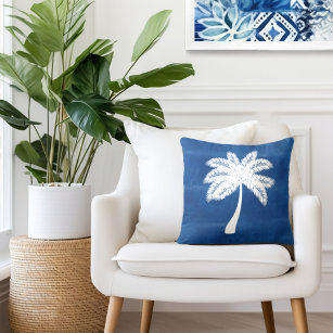 Tropical Palm Tree Blue White Throw Pillow