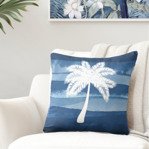 Tropical Palm Tree Blue White Throw Pillow