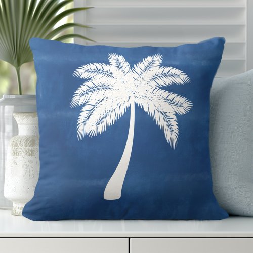 Tropical Palm Tree Blue White Throw Pillow