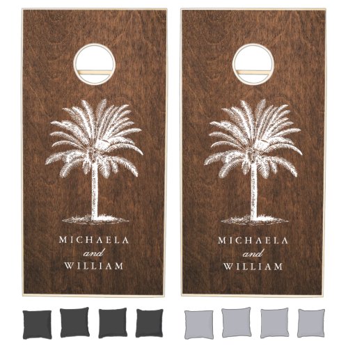 Tropical Palm Tree Bride  Grooms Names Wedding Cornhole Set