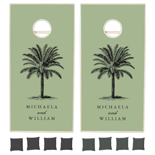 Tropical Palm Tree Bride  Grooms Names Wedding Cornhole Set