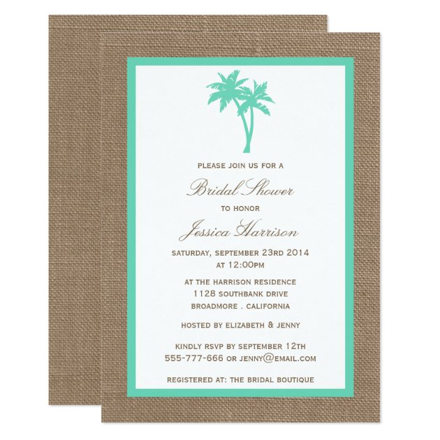 Tropical Palm Tree Burlap Beach Bridal Shower Invitation