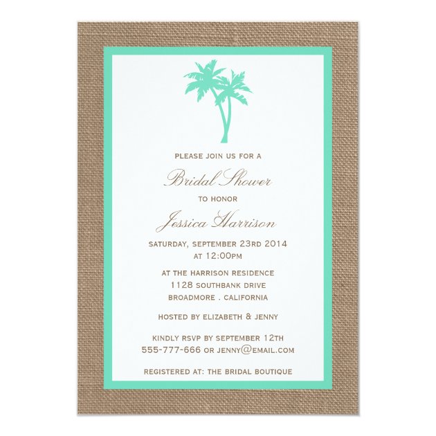 Tropical Palm Tree Burlap Beach Bridal Shower Invitation