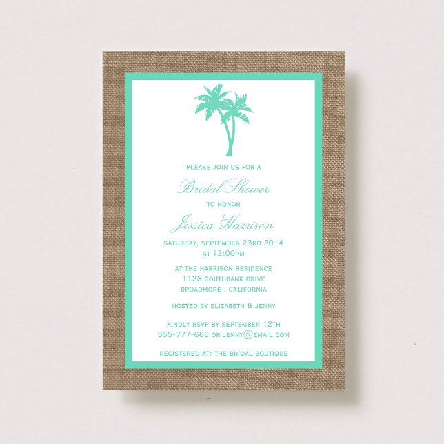 Tropical Palm Tree Burlap Beach Bridal Shower Invitation (Creator Uploaded)
