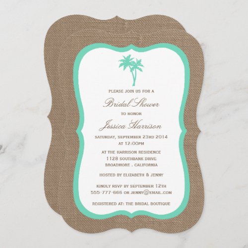 Tropical Palm Tree Burlap Beach Bridal Shower Invitation