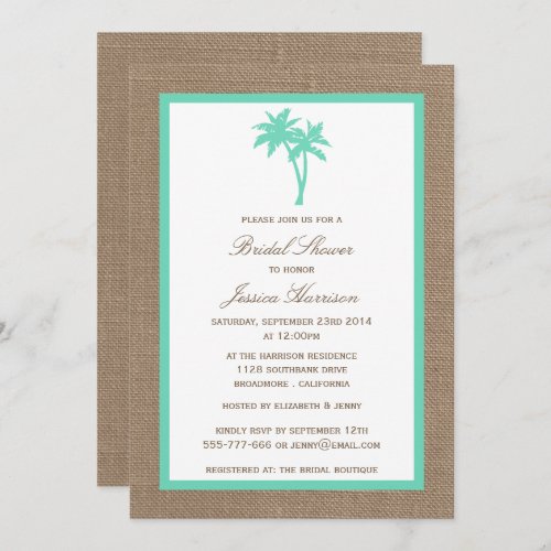 Tropical Palm Tree Burlap Beach Bridal Shower Invitation