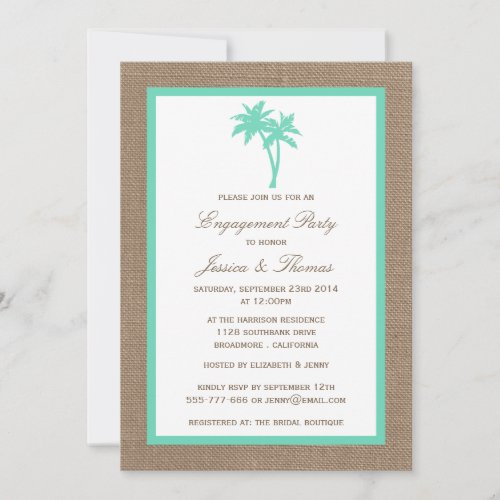 Tropical Palm Tree Burlap Beach Engagement Party Invitation