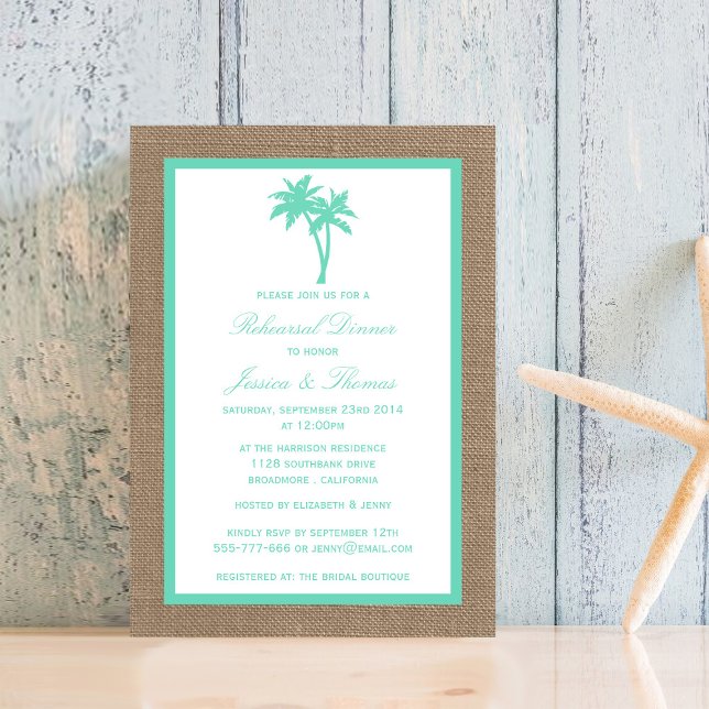 Tropical Palm Tree Burlap Beach Rehearsal Dinner Invitation (Creator Uploaded)