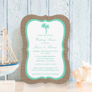 Tropical Palm Tree Burlap Beach Wedding Shower Invitation