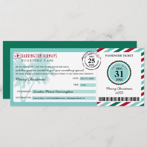 Tropical Palm Tree Christmas Gift Boarding Pass Invitation