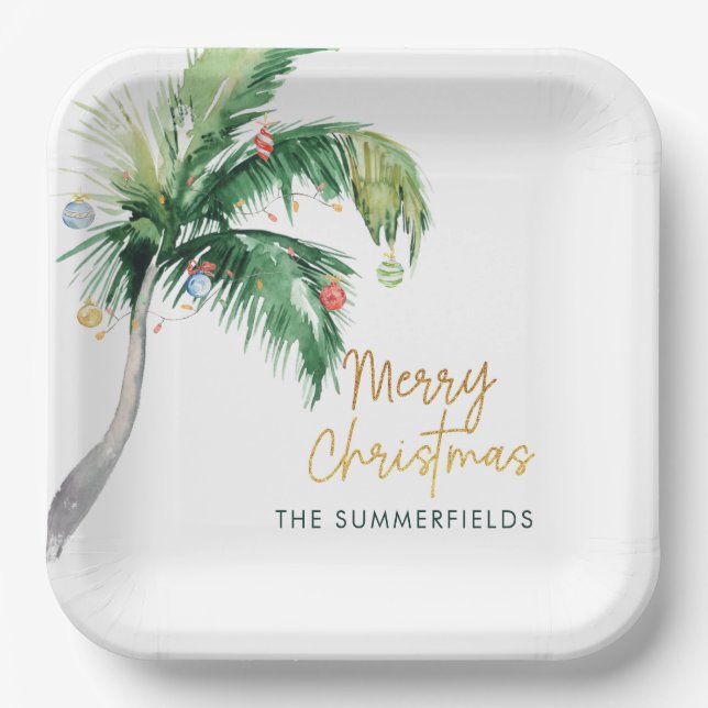 Tropical Palm Tree Christmas Holiday Party Paper Plates (Front)