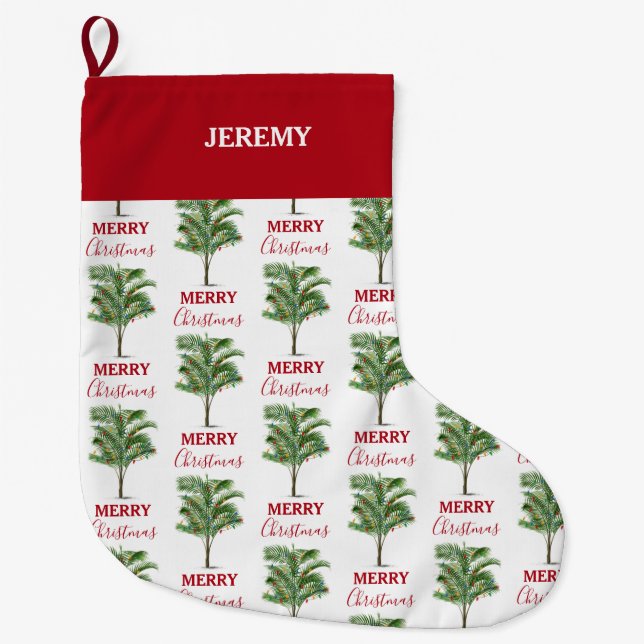 Tropical Palm Tree Christmas Tree Holiday Large Christmas Stocking (Front)