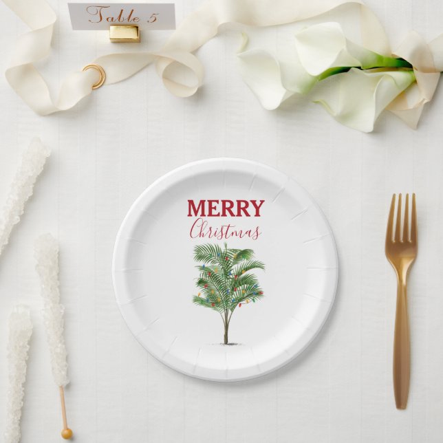 Tropical Palm Tree Christmas Tree Holiday Paper Plates (Wedding)