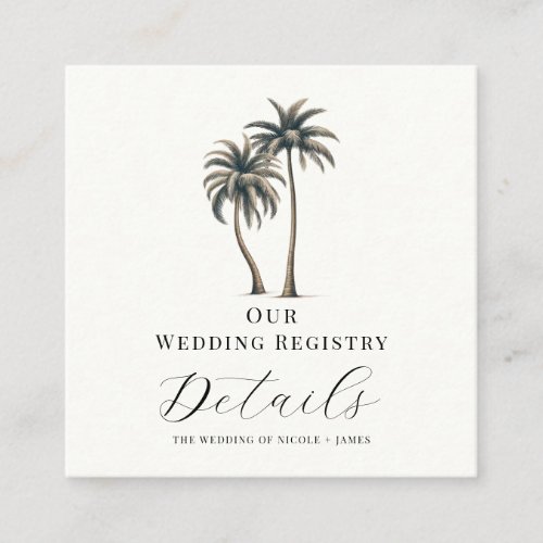 Tropical Palm Tree Coastal Wedding Registry QR  Square Business Card