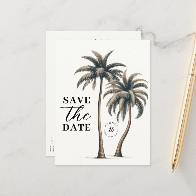 Tropical Palm Tree Coastal Wedding Save the Date Announcement Postcard (Front/Back In Situ)