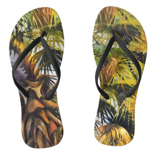 Tropical Palm Tree Colorful Original Painting Flip Flops