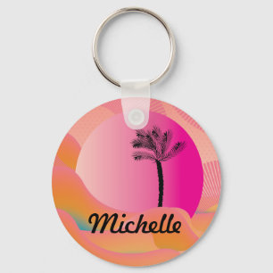 Tropical Palm Tree Colorful Pink Pattern Name Keychain