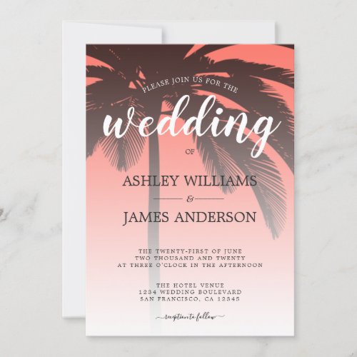 Tropical Palm Tree Coral Beach Wedding Invitation