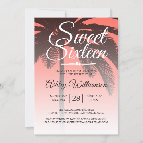 Tropical Palm Tree Coral Sweet 16 16th Birthday Invitation