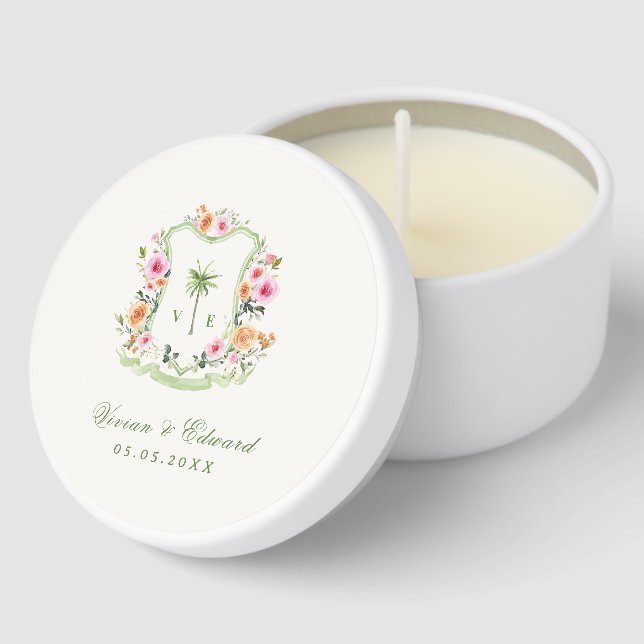 Tropical Palm Tree Crest Monogram Summer Wedding Mini Candle Favors (Corner)