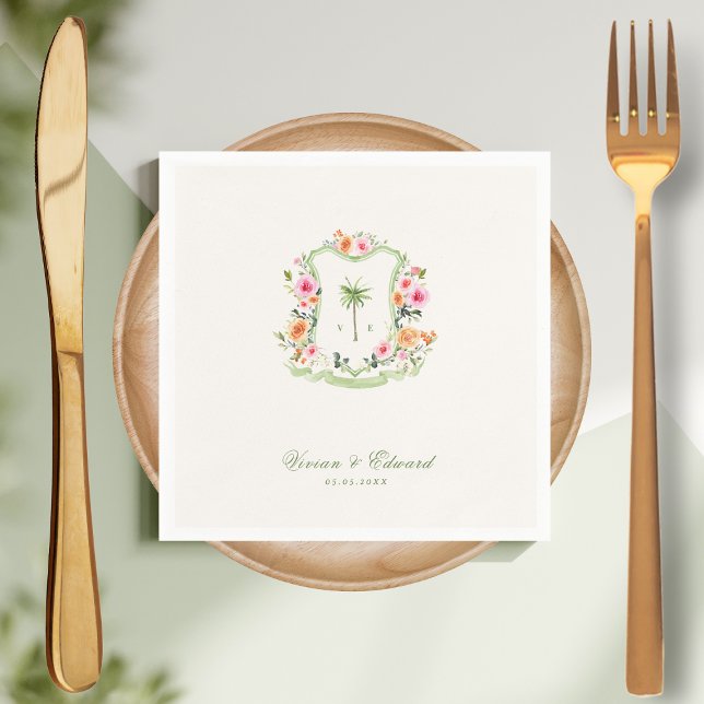 Tropical Palm Tree Crest Monogram Summer Wedding Napkins (Creator Uploaded)