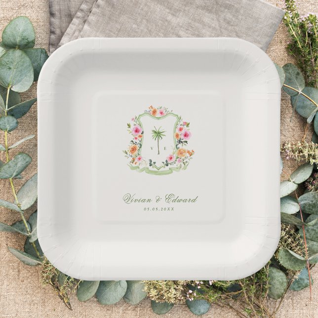 Tropical Palm Tree Crest Monogram Summer Wedding Paper Plates (Creator Uploaded)