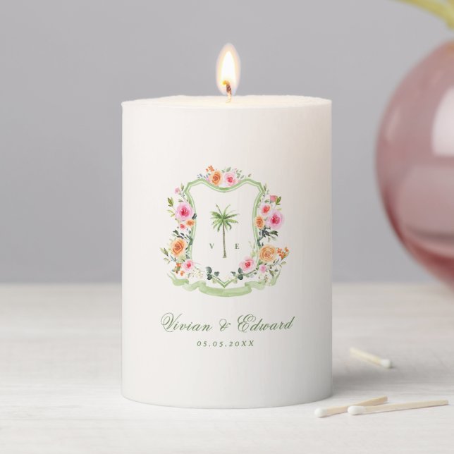 Tropical Palm Tree Crest Monogram Summer Wedding Pillar Candle (In Situ)