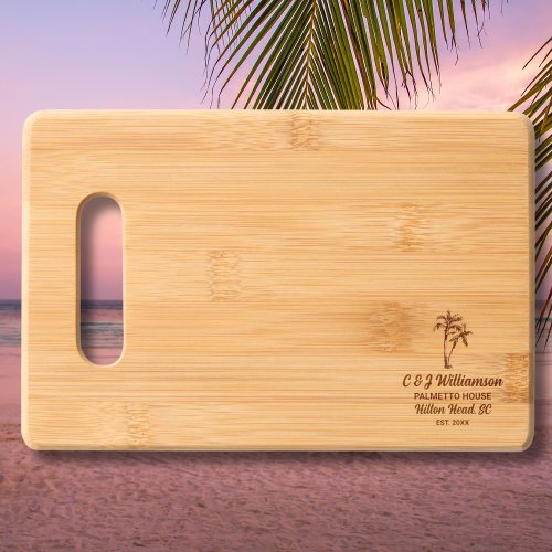 Tropical Palm Tree Custom Family Beach House Name Cutting Board