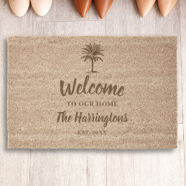 Tropical Palm Tree, Custom Family Name Welcome Fiber Doormat