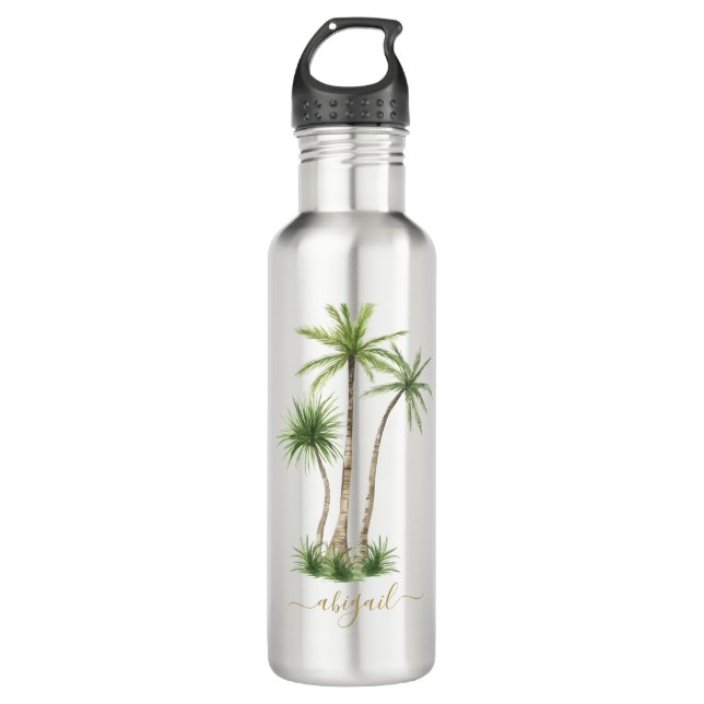 Tropical Palm Tree Custom Name Bridesmaid  Stainless Steel Water Bottle (Front)