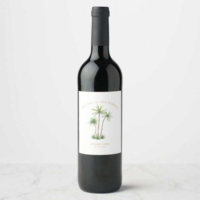 Tropical Palm Tree Custom Welcome to our Wedding Wine Label (Front)