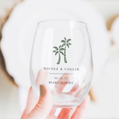 Tropical Palm Tree Destination Wedding Favor Stemless Wine Glass