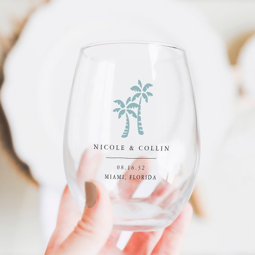 Tropical Palm Tree Destination Wedding Favor Stemless Wine Glass