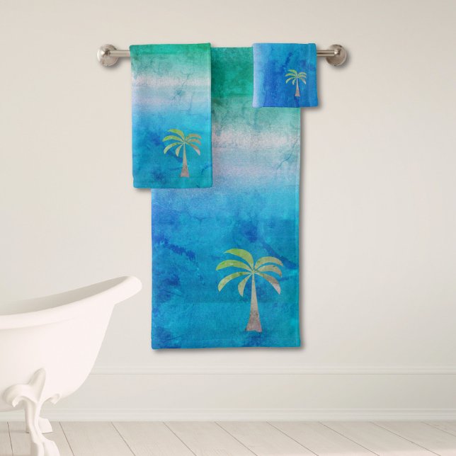 Tropical Palm Tree Distressed Ocean Beachy Bath Towel Set (Creator Uploaded)