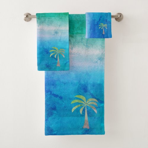 Tropical Palm Tree Distressed Ocean Beachy Bath Towel Set