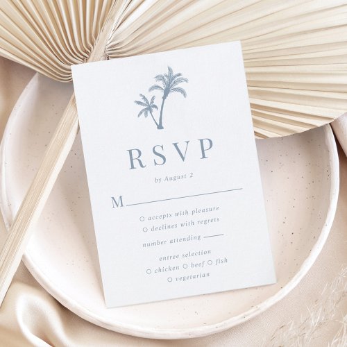 Tropical Palm Tree Dusty Blue Beach Wedding RSVP Card