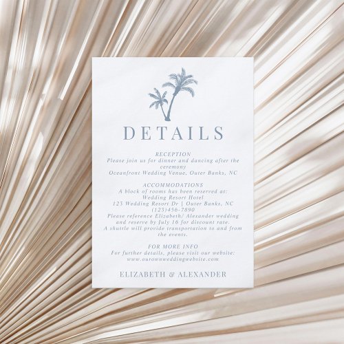 Tropical Palm Tree Dusty Blue Wedding Details Enclosure Card