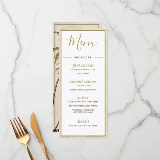 Tropical Palm Tree Elegant Modern Rustic Wedding Menu (Front/Back In Situ)