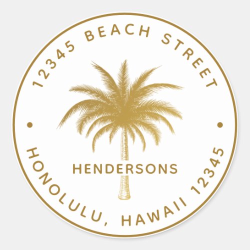 Tropical Palm Tree Family Name Gold Return Address Classic Round Sticker